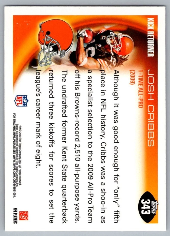 2010 Topps Josh Cribbs Cleveland Browns #343 - Image 2 of 2