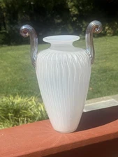 Milk White Art Glass Vase with Silver Metal decorative Handles 10”
