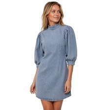 GANNI Cotton Blend Cult Stretch Denim Puff Sleeve Mini Dress Blue Women's z 42