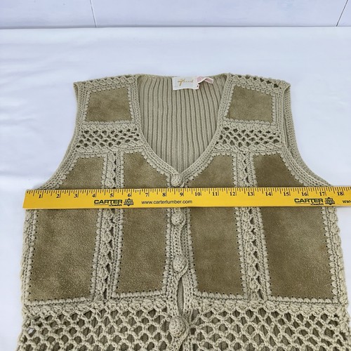 Vintage Tarri Damen Häkel & Leder beige hellbraun Patch Strick 70’s Cardigan Weste LESEN L - Bild 17 von 19