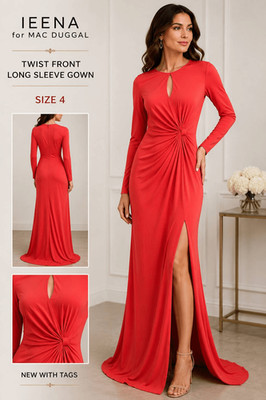 IEENA for Mac Duggal Size 4 Red Coral Keyhole Knotted Long Sleeve Formal Gown