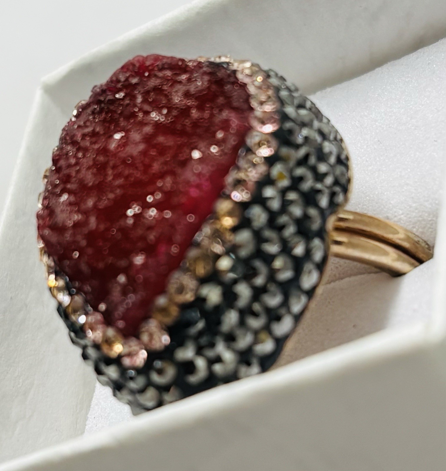 Sterling Simulated Ruby Druzy Beaded Ring Sz 6 In… - image 2