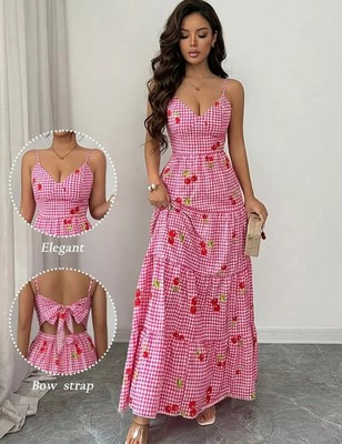 Langes Boho Chic Kleid Rosa Vichy Mit Kirschen Nackter Rücken CF71106