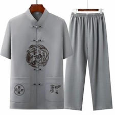 Mens Traditional Chinese Tang Suit T-shirt Set Kung Fu Tai Chi Uniform Dragon