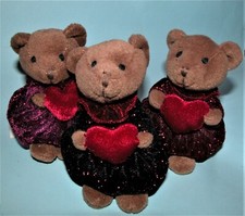 Russ Berrie plush glitter bears 3pc set 4913 NEW red purple black w hearts