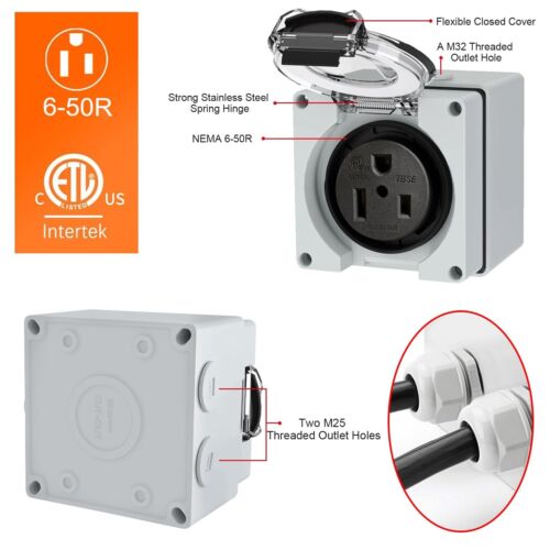 50 Amp Power Outlet Box, NEMA 6-50R 250 Volt EV Welder Receptacle Heavy Duty,... - Picture 2 of 6