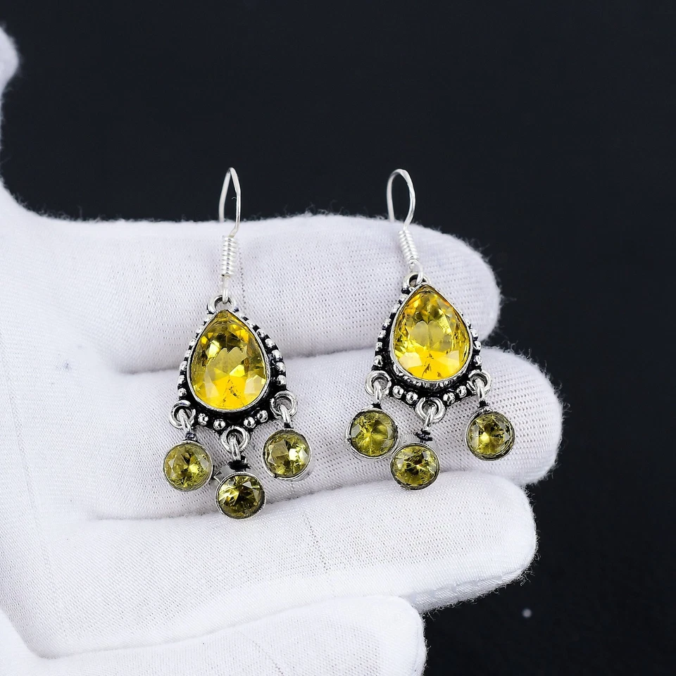 Citrino Multi Gemma Argento Fatto a Mano 925 Sterling Orecchini Per Women - Immagine 2 di 4