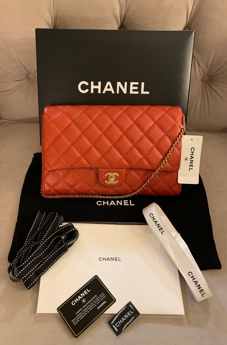 Chanel CC Classic Quilted Leather Flap Shoulder Bag Clutch Orange Gold  Shine NIB