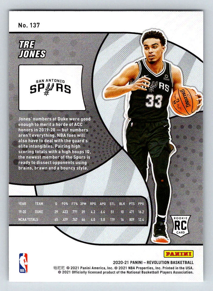 2020-21 Panini Revolution #137 Tre Jones RC (ref 193275) - Image 2 of 2