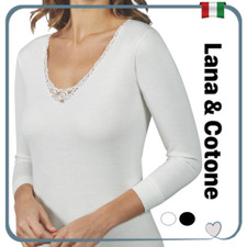 Maglia Intima Donna INVERNALE Lana e Cotone Maglietta Manica Lunga Pizzo Termica