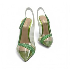 Gianvito Rossi Women Green Hortensia Crystal PVC Slingback Pump Heel Shoes 36.5