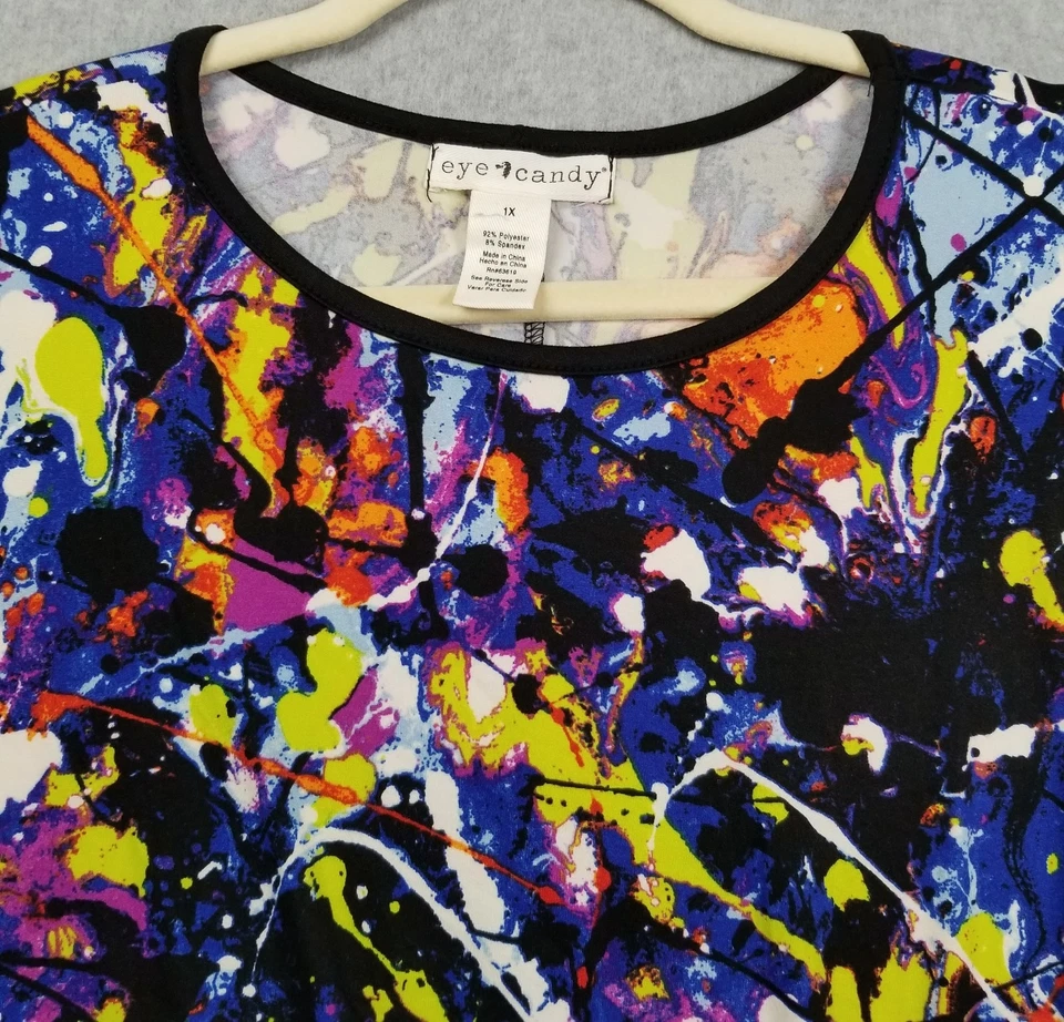 Eye Candy Top Women’s 1X Multicolor Paint Splatter Short Sleeve Crew Stretch Tee - Image 2 of 4