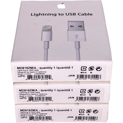 Apple Lightning to USB Cable, 1 Meter (3 Feet)A1480, MD818ZM/A Qty=3 New  