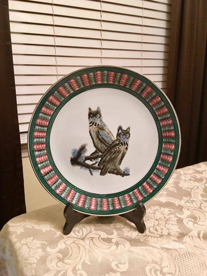 Hermoso Plato Rosa y Verde Vintage Búho Búho Decorativo Porcelana Coleccionable Foto 3 de 4