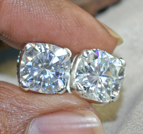 4.20 Ct Cushion Cut Off White Diamond Solitaire Studs ,925 Silver, Excellent Cut - Picture 1 of 8