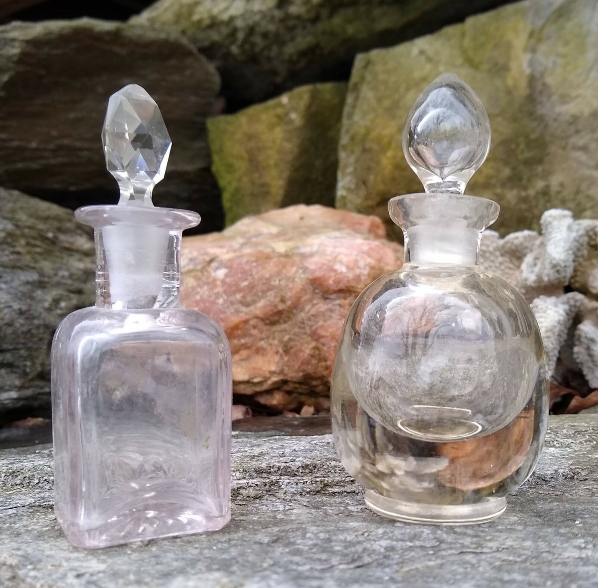 Clear Glass Perfume Bottles Stoppers (2) Pieces Vintage Round Rectangle  EMPTY
