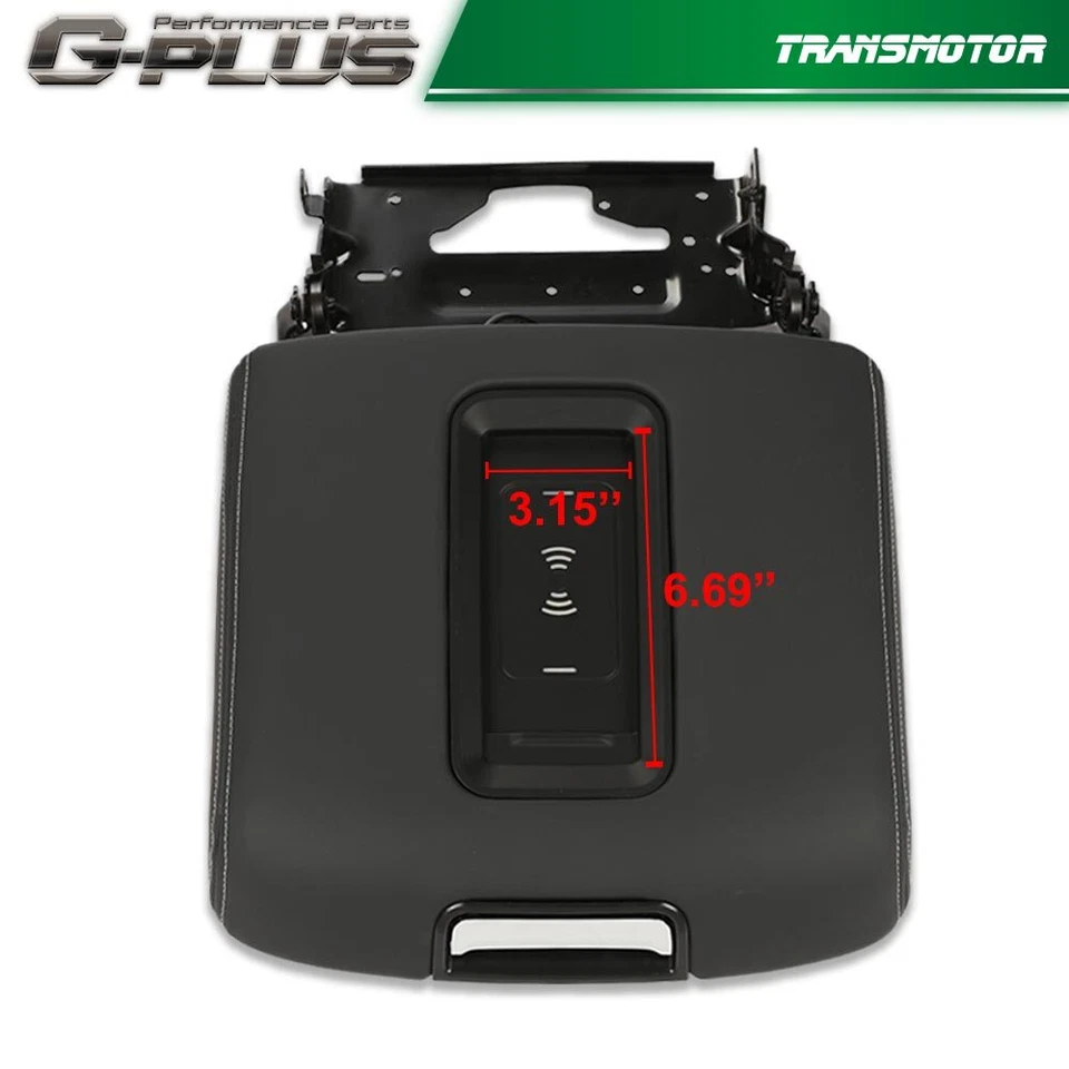 Consola central de cuero negro Fit Chevy GMC 15-19 tapa de reposabrazos con cargador inalámbrico Foto 3 de 4