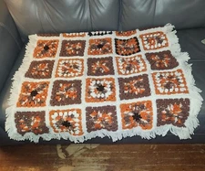 1970s Crocheted GRANNY SQUARE Afghan Lap Blanket Brown, Rust, & Cream Fringes