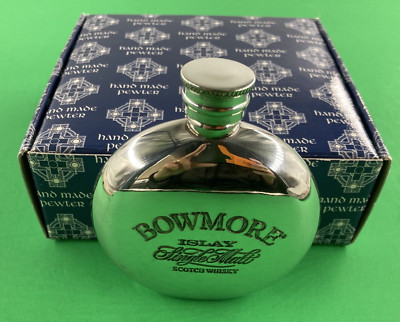 Rare Vintage Bowmore Islay Single Malt Scotch Whisky Round Hip Flask Pewter UK