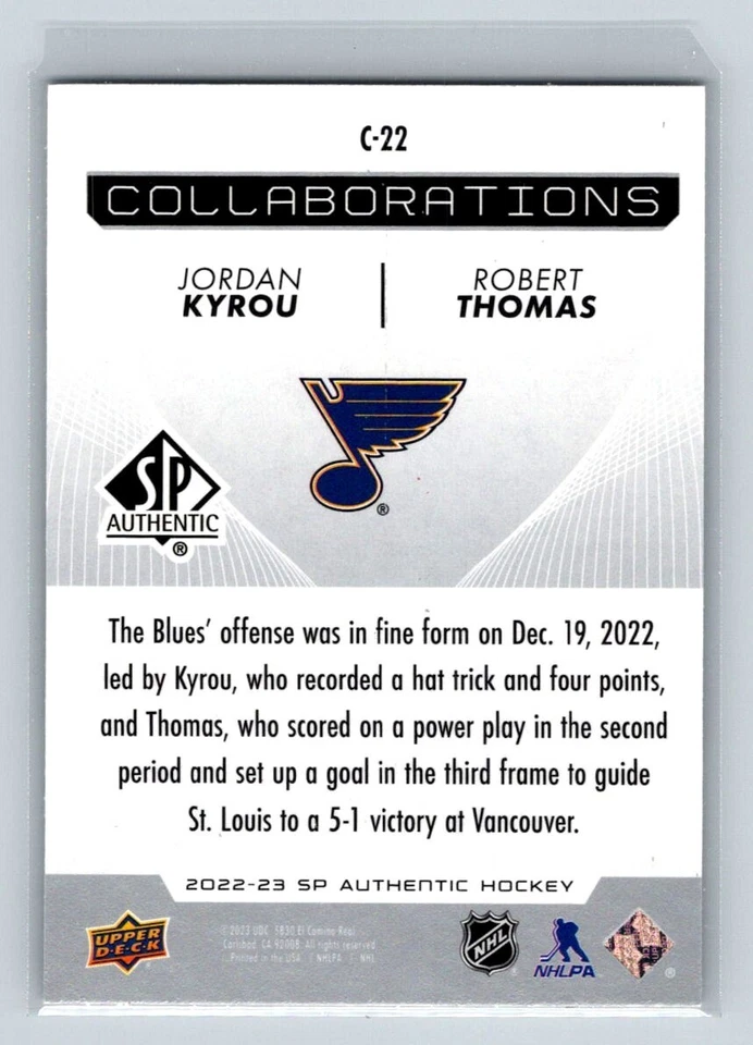 2022-23 SP Authentic Collaborations #C-22 Jordan Kyrou Robert Thomas Blues - Image 2 of 2