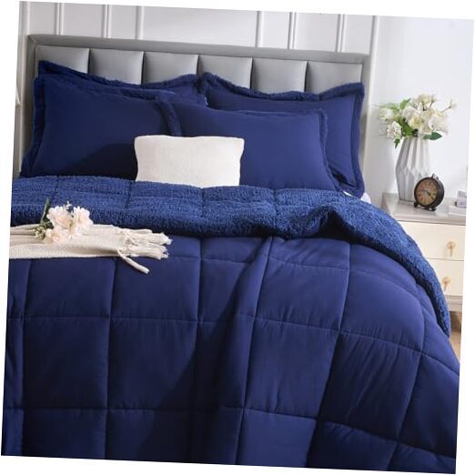 Blue Comforter Set-Soft Fluffy Sherpa Fleece Comforter Set, Queen Navy Blue