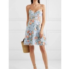 Zimmermann Bowie Crochet Detail Linen Mini Dress Blue Floral Size 6