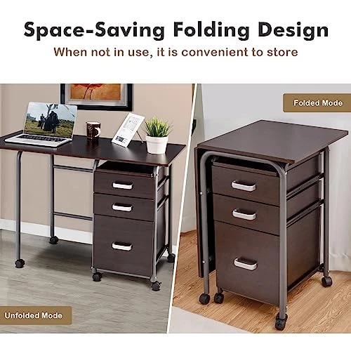Escritorio Plegable para Computadora Portátil con 3 Cajones, Escritorio para Computadora Portátil con Ruedas con Metal Foto 4 de 4