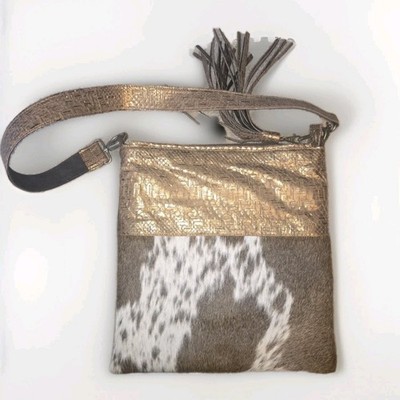 Genuine Cowhide Leather Tote Hair-On Brown White Shoulder Handbag Western Luxury