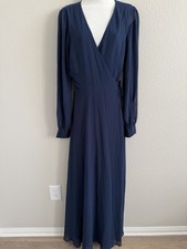 Lulus Navy XL Maxi Wrap Evening Dress Gown NWT Sheer Bishop Sleeves Button Cuff