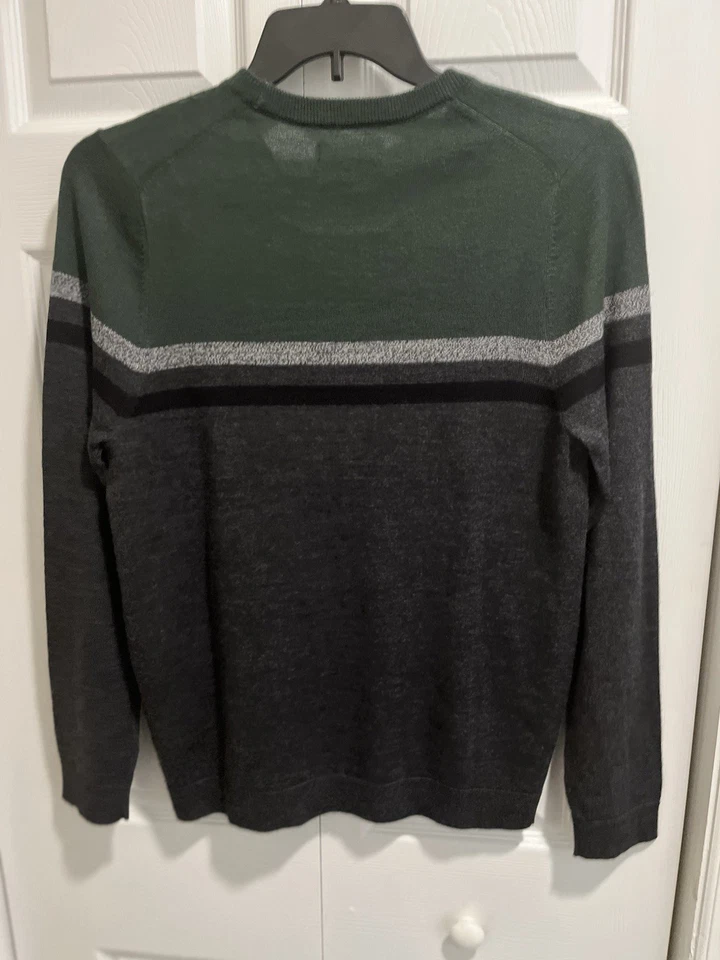 APT. 9 Sweater Merino Wool Blend Modern Luxe Size S Green Gray Stripe Crew NEW - Image 2 of 3