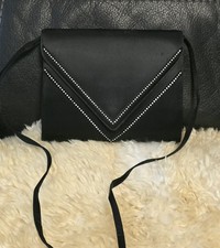 Vintage Black Satin Rhinestone Envelope Clutch Crossbody Bag Evening Italy