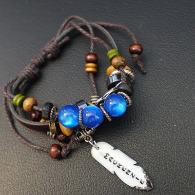 MacKenzie Personalized Boho Bracelet Leather Stack Hippie Indie Name Blue Beads