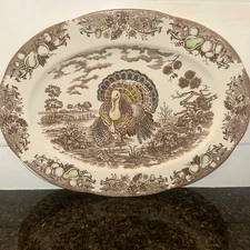 Vintage Brown Transferware Turkey Platter; 18/13.5 Inches; Made In Japan