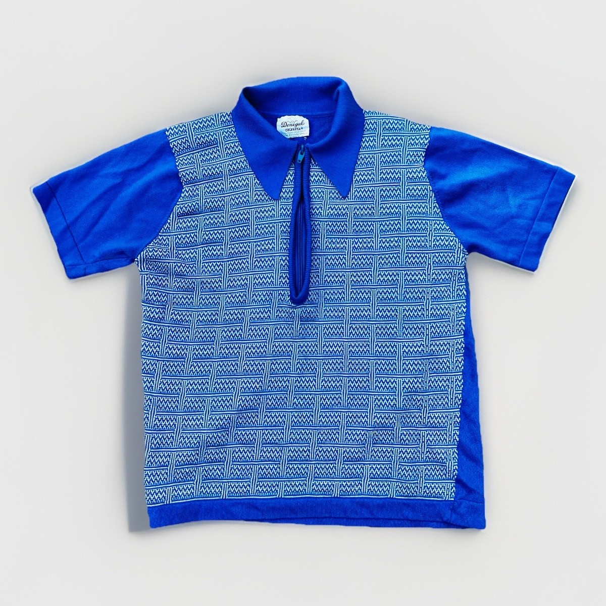 VTG 60s Donegal Knit Coleseta Zip Polo Shirt Blue White Mad Men