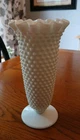 Vintage Hobnail Milk Glass Trumpet Shape Ruffled Edge Vase