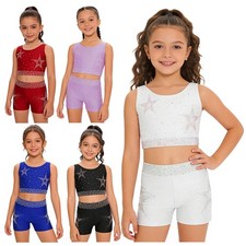 Kids Girls Set Rhinestones Outfit Dance Suit Activewear U Neck Stage Athletic