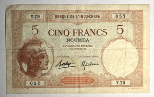 1927 French Colonial Tahiti 5 Five francs banknote- Moderately RARE