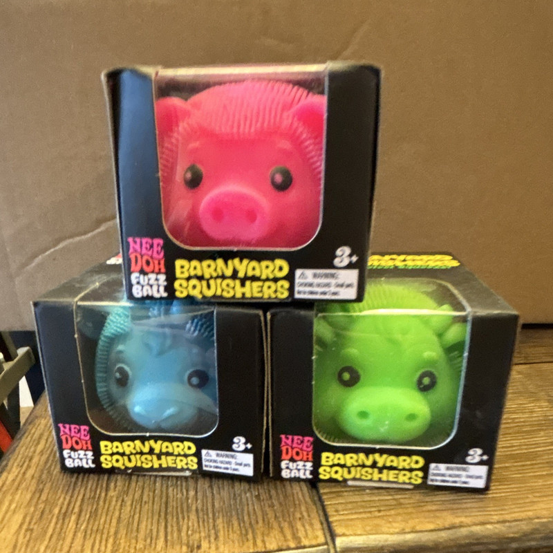 Nee Doh Barnyard Squishers Fuzz Ball Squeeze Toys 3-Pack Pink Blue Green