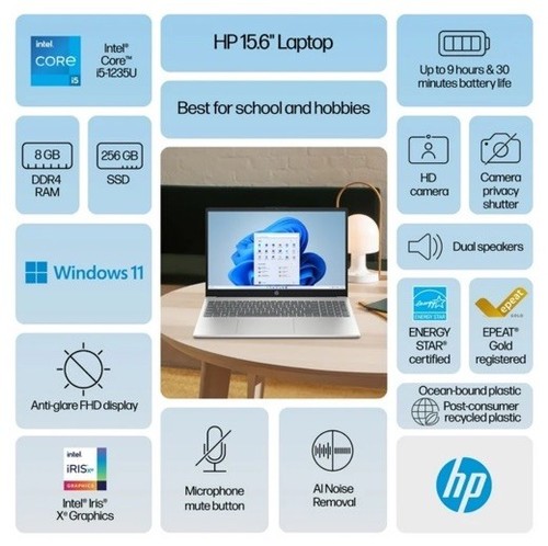 NEW HP 15.6 inch Windows Laptop Intel Core i5-1235U 8GB RAM 256GB SSD Silver - Picture 3 of 9