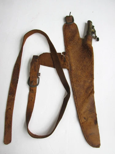 ANTIQUE BLACK POWDER LEATHER FLASK POUCH CIVIL WAR ERA AM FLASK & CAP