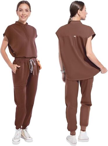 Scrubs for Women Scrub Sets, Slim Scrubs Stretch Top & Jogger Scrub Pants Brown