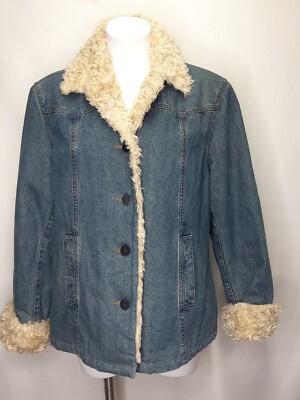 ESPRIT Denim Jean Jacket Large Womens Winter Button Up Coat Faux Fur Size  Large