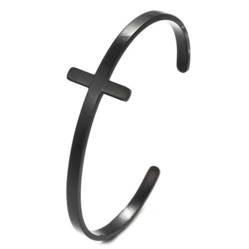 Minimalistisches schwarzes Kreuzmanschettenarmband Edelstahl offener Armreif religiös Herren - Bild 6 von 24