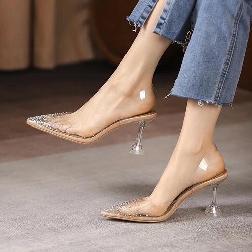 Damenschuhe durchsichtig Strass spitz zulaufend Riemen Pfennigabsatz Fersenriemen Pumps - Bild 5 von 19