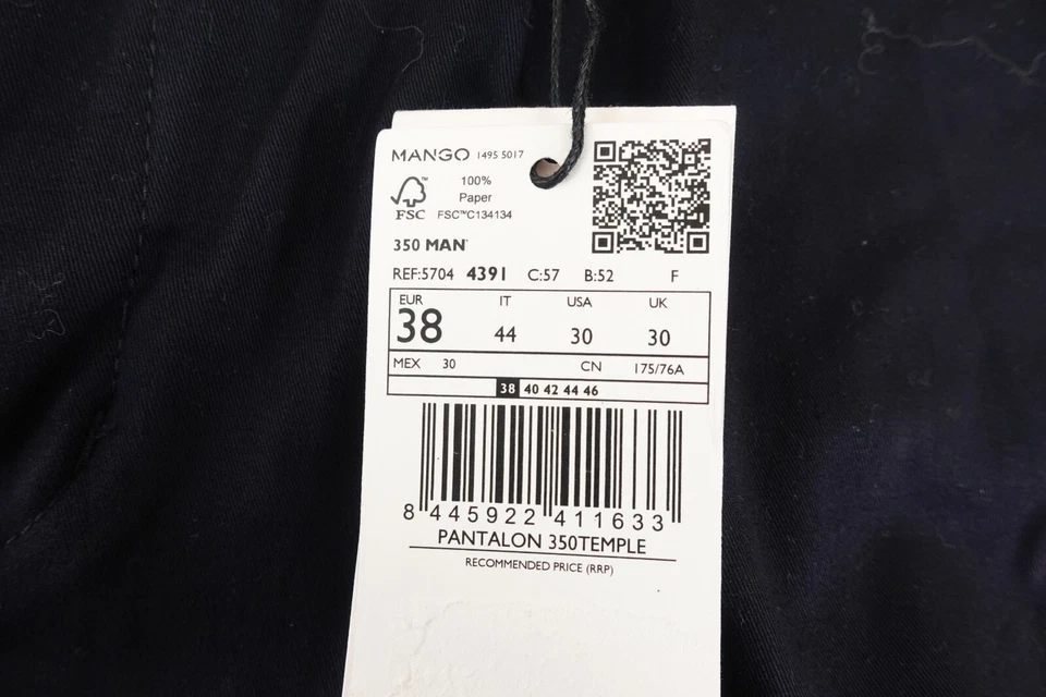 Pantalones chinos plisados de algodón azul marino calce ajustado talla 30 x 32 de Mango para hombre nuevos con etiquetas Foto 3 de 4