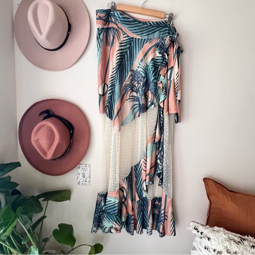 PATBO Pua Ruffled Mesh Panel Wrap Skirt SIZE LARGE swim coverup tropical