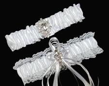 Set of 2 White Satin and Lace Wedding Prom Bridal Garter Belt with Rhinestones