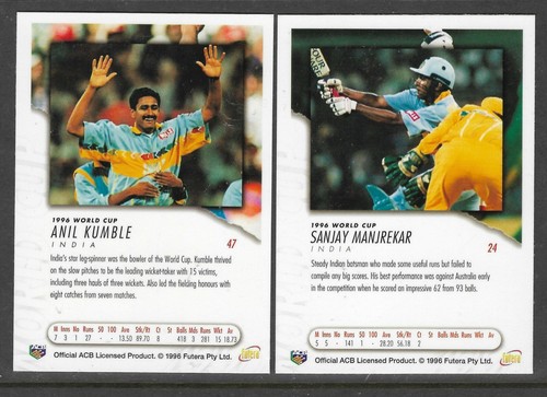FUTERA 1996 WORLD CUP CRICKET INDIA PLAYERS TEAM Set of 2 CARDS - Picture 2 of 2