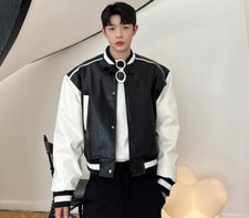 Men's Fashion Stand Collar Long Sleeve Color Matching Faux Leather Jacket Coats