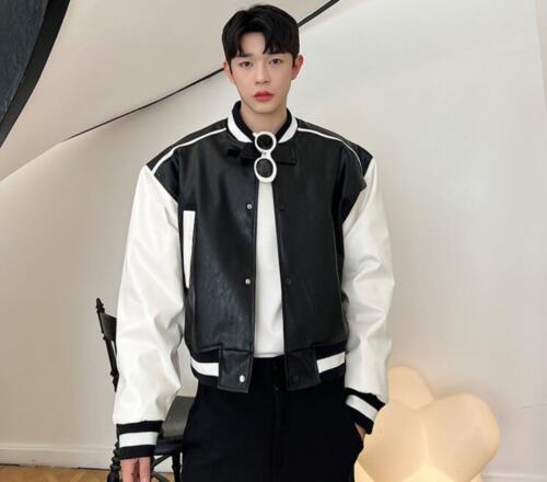 Men's Fashion Stand Collar Long Sleeve Color Matching Faux Leather Jacket Coats